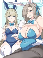 Rule 34 | 2girls, absurdres, animal ears, asuna (blue archive), asuna (bunny) (blue archive), belly, belly grab, blonde hair, blue archive, blue leotard, breasts, cleavage, closed mouth, covered navel, dot nose, fake animal ears, feet out of frame, hair over one eye, halo, highres, karaage53ko, large breasts, leotard, looking at viewer, multiple girls, official alternate costume, open mouth, playboy bunny, plump, sideboob, thick thighs, thighs, toki (blue archive), toki (bunny) (blue archive)