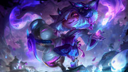 Rule 34 | 1girl, absurdres, animal ears, blurry, blurry background, colored skin, fang, fantasy, fire, flaming weapon, forest, fox mask, grass, highres, hitodama, japanese clothes, kimono, league of legends, long sleeves, looking at viewer, mask, nature, official alternate costume, official art, outdoors, purple skin, ribbon, shoes, short hair, skirt, smirk, solo, spirit, spirit blossom (league of legends), spirit blossom tristana, teeth, tokkuri, tristana, white hair, yordle, yukata