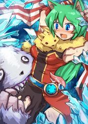 Rule 34 | 1girl, animal, animal around neck, animal ears, armpits, arms up, blue eyes, blush, breasts, commentary request, cowboy shot, detached sleeves, dress, emon-yu, fox, green hair, hair between eyes, ice, long hair, looking down, medium breasts, monster, open mouth, pelvic curtain, professor (ragnarok online), ragnarok online, red dress, red sleeves, sleeveless, sleeveless dress, snowier, striped sleeves, white sleeves