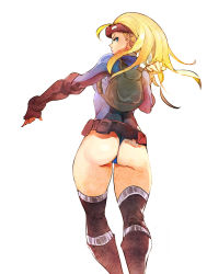 Rule 34 | 1girl, alternate costume, alternate hairstyle, ass, backpack, bag, belt, belt pouch, black thighhighs, blonde hair, blue eyes, cammy white, elbow gloves, fingerless gloves, from behind, gloves, goggles, goggles on head, highres, knee pads, laio, leotard, long hair, long sleeves, looking back, pouch, solo, street fighter, street fighter v, thighhighs, thighs, thong leotard