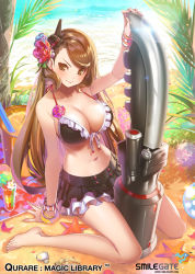 Rule 34 | &gt;:), 1girl, arm support, bangle, bare legs, barefoot, beach, bikini, bikini skirt, black bikini, bracelet, breasts, brown eyes, brown hair, cleavage, feet, flower, frilled bikini, frills, front-tie top, hair flower, hair ornament, huge weapon, jewelry, large breasts, lens flare, long hair, long legs, navel, outdoors, popqn, qurare magic library, sitting, smile, solo, swept bangs, swimsuit, toes, v-shaped eyebrows, very long hair, wariza, weapon