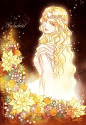 Rule 34 | 1girl, blonde hair, blue eyes, character name, cherry, closed mouth, crown, dated, flower, food, fruit, galadriel, hair flower, hair ornament, highres, kazuki-mendou, tolkien&#039;s legendarium, long hair, looking at viewer, looking back, pointy ears, robe, signature, solo, the lord of the rings, very long hair, white flower, wreath