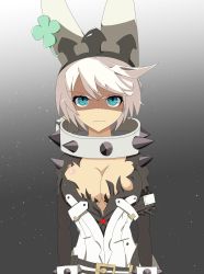 Rule 34 | &gt;:(, 1girl, absurdres, ahoge, angry, animal ears, aqua eyes, arc system works, breasts, cleavage, clover, collar, crybabyrabbit, dress, elphelt valentine, four-leaf clover, frown, guilty gear, guilty gear xrd, guilty gear xrd: revelator, highres, large breasts, looking at viewer, rabbit ears, shaded face, shiny skin, short hair, sky, solo, spiked collar, spikes, star (sky), star (symbol), starry sky, white hair