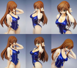 Rule 34 | 1girl, bare legs, breasts, brown hair, code geass, female focus, figure, gradient background, green eyes, highres, large breasts, long hair, one-piece swimsuit, open mouth, photo (medium), shirley fenette, smile, solo, swimsuit