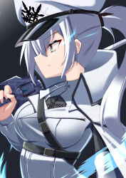 Rule 34 | black background, blue eyes, breasts, grey hair, highres, holding, holding sword, holding weapon, jacket, jiseki rena, large breasts, looking to the side, military uniform, ponytail, rwby, shirt, sword, uniform, weapon, weiss schnee, white jacket, white shirt