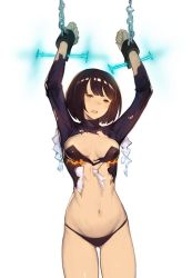 Rule 34 | 1girl, arms up, ball and chain restraint, bdsm, bondage, bound, breasts, chain, cleavage, cuffs, erika (shadowverse), hanarito, navel, panties, shadowverse, sketch, solo, torn clothes, underwear