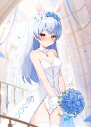 Rule 34 | 1girl, animal ear fluff, animal ears, bare shoulders, blue flower, blue hair, blush, bouquet, bow, breasts, bridal veil, bride, cleavage, closed mouth, collarbone, commentary request, dress, earrings, falling petals, flower, hair bow, highres, holding, holding bouquet, hololive, indoors, jewelry, long hair, looking at viewer, medium breasts, petals, rabbit-shaped pupils, rabbit ears, rabbit girl, rabbit tail, solo, standing, strapless, strapless dress, symbol-shaped pupils, tail, thick eyebrows, thighhighs, tyabesu, usada pekora, veil, virtual youtuber, wavy mouth, wedding dress, white bow, white dress, white thighhighs, white veil, white wrist cuffs, wrist cuffs