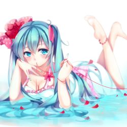 Rule 34 | 1girl, anklet, aqua eyes, aqua hair, barefoot, bracelet, feet, female focus, flower, hair flower, hair ornament, hair ribbon, hatsune miku, highres, jewelry, long hair, lying, mouth hold, nail polish, on stomach, ribbon, satomachi, solo, string, string of fate, the pose, twintails, vocaloid