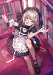 Rule 34 | 1girl, 778-go, alternate costume, apron, black footwear, candy, cleavage cutout, clothing cutout, enmaided, food, frills, grey hair, highres, indoors, looking at viewer, maid, maid apron, maid headdress, makaino ririmu, multicolored hair, nijisanji, open mouth, pink hair, red eyes, short sleeves, smile, solo, streaked hair, two-tone hair, virtual youtuber