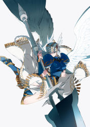 Rule 34 | 1girl, armor, armored dress, blonde hair, blue armor, blue eyes, boots, braid, breasts, bthx, dress, feathers, helmet, highres, lenneth valkyrie, simple background, solo, sword, valkyrie, valkyrie profile (series), weapon, white background, wings