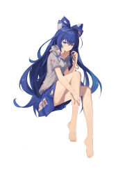 Rule 34 | 1girl, absurdres, bare legs, barefoot, blouse, blue bow, blue eyes, blue hair, blue skirt, blush, bow, bracelet, breasts, closed mouth, commentary, fang, full body, grey hoodie, grey shirt, hair between eyes, hair bow, highres, hood, hoodie, invisible chair, jewelry, long hair, looking at viewer, medium breasts, miniskirt, pleated skirt, shirt, short sleeves, simple background, sitting, skin fang, skirt, solo, torn clothes, torn skirt, touhou, very long hair, white background, yongzhe mei hong, yorigami shion