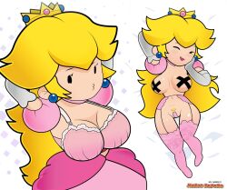 Rule 34 | 1girl, arm behind head, blonde hair, bra, breasts, breasts out, curvy, dress, gloves, gosgoz, large breasts, leavage, long hair, maebari, mario (series), naughty face, navel, nintendo, one eye closed, open mouth, paper mario, pasties, princess peach, puckered lips, smile, solo, underwear, wink