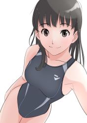 Rule 34 | 1girl, amagami, ayatsuji tsukasa, black eyes, black hair, black one-piece swimsuit, breasts, collarbone, commentary request, competition swimsuit, cowboy shot, from above, highres, kero320, long hair, one-piece swimsuit, reaching, reaching towards viewer, selfie, simple background, small breasts, smile, solo, standing, swimsuit, white background