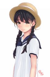 Rule 34 | 1girl, aoi kumiko, arms at sides, blush, braid, brown eyes, brown hat, child, closed mouth, fedora, hair tie, hat, highres, long hair, looking at viewer, original, pink lips, portrait, sailor collar, shirt, short sleeves, signature, simple background, smile, solo, twin braids, upper body, white background, white sailor collar, white shirt