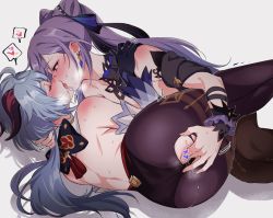 Rule 34 | bare back, blue hair, blush, censored, cone hair bun, closed eyes, fingering, french kiss, ganyu (genshin impact), genshin impact, goat horns, grey background, hair bun, heart, heart censor, horns, keqing (genshin impact), keqing (opulent splendor) (genshin impact), kiss, long hair, looking at another, negom, official alternate costume, pantyhose, purple hair, saliva, shoulder blush, simple background, sweat, tongue, tongue out, torn clothes, torn legwear, yuri
