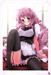 Rule 34 | 1girl, absurdres, aqua eyes, black thighhighs, bra, breasts, cleavage, dress, drill hair, frilled thighhighs, frills, garter straps, highres, lace, lace-trimmed bra, lace trim, maid, maid headdress, open clothes, open shirt, panties, pantyshot, pink hair, scarlet (studioscr), shirt, shoes, showes, solo, spread legs, thighhighs, unbuttoned, underwear, white bra, white panties, window, wrist cuffs