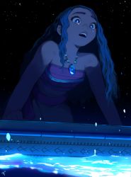 Rule 34 | 1girl, all fours, bare shoulders, crying, crying with eyes open, dark-skinned female, dark skin, flat chest, glowing liquid, jewelry, lips, long hair, moana (movie), moana waialiki, necklace, night, open mouth, pano (mohayayamai), pendant, prostration, sky, solo, star (sky), starry sky, strapless, tears, teeth, thick eyebrows, tube top, upper teeth only, water, wavy hair