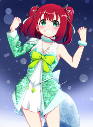 Rule 34 | 1girl, absurdres, awaken the power, blush, bow, breasts, cleavage, clenched hand, gradient background, green eyes, hair ornament, hands up, highres, huge filesize, igarashi kyouhei, kurosawa ruby, looking at viewer, love live!, love live! school idol festival, love live! sunshine!!, red hair, sequins, simple background, skirt, smile, solo, standing, teeth, two side up