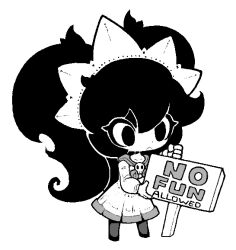 Rule 34 | 1girl, :&lt;, ashley (warioware), big hair, closed mouth, collarbone, dot nose, dress, english text, expressionless, full body, greyscale, hairband, holding, holding sign, inawon, long hair, long sleeves, meme, monochrome, neckerchief, nintendo, no fun allowed (meme), sign, simple background, skull, solid eyes, sonic (series), standing, twintails, warioware, white background