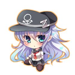 Rule 34 | 1girl, anchor, bad id, bad pixiv id, black hat, black skirt, black thighhighs, blue eyes, blue hair, blush, chibi, commentary request, flat cap, full body, hair between eyes, hat, hibiki (kancolle), kantai collection, long hair, long sleeves, looking at viewer, neckerchief, orange outline, outline, parted lips, pleated skirt, red neckerchief, school uniform, serafuku, shirt, sidelocks, simple background, sitting, skirt, skirt hold, solo, thighhighs, tsukumo matoro, very long hair, wariza, white background, white shirt