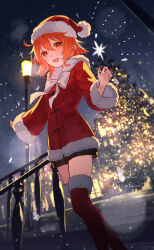 Rule 34 | 1girl, ahoge, black shorts, boots, breasts, christmas tree, dress, fate/grand order, fate (series), fomnant, fujimaru ritsuka (female), fur-trimmed dress, fur-trimmed headwear, fur trim, hat, highres, looking at viewer, open mouth, orange eyes, orange hair, red dress, red footwear, red hat, santa costume, santa dress, santa hat, short hair, shorts, small breasts, smile, solo, thigh boots