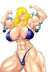 Rule 34 | 1girl, abs, absurdres, armpits, bikini, blonde hair, blue eyes, blush, breasts, flexing, highres, huge breasts, muscular, swimsuit, thick thighs, thighs