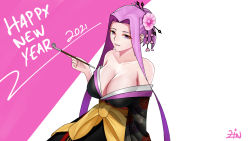 Rule 34 | 2021, alternate costume, alternate hairstyle, bare shoulders, black kimono, breasts, cleavage, commentary, english commentary, fate/grand order, fate (series), female focus, floral print, flower, hair bun, hair flower, hair ornament, hair stick, hair up, happy new year, highres, holding, holding smoking pipe, japanese clothes, kimono, kiseru, large breasts, matching hair/eyes, medusa (fate), medusa (rider) (fate), new year, obi, off shoulder, purple eyes, purple hair, sash, sidelocks, signature, single hair bun, smoking pipe, solo, zinfian