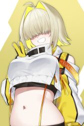 Rule 34 | 1girl, ahoge, black gloves, black sports bra, blonde hair, breasts, clothing cutout, crop top, crop top overhang, cropped sweater, elegg (nikke), gloves, goddess of victory: nikke, grin, hair intakes, hair over eyes, highres, large breasts, long bangs, long sleeves, looking at viewer, multicolored clothes, multicolored gloves, multicolored hair, navel, short hair, shoulder cutout, smile, solo, sports bra, suspenders, two-tone hair, v, yellow gloves, yorugami rei
