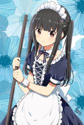Rule 34 | 1girl, apron, black hair, black ribbon, blush, breasts, brown eyes, chijou noko, chikanoko, collarbone, commentary request, dress, floral print, highres, holding, long hair, looking at viewer, maid, maid apron, maid headdress, puffy short sleeves, puffy sleeves, ragho no erika, ribbon, short sleeves, small breasts, solo, wavy mouth, white apron, wrist cuffs