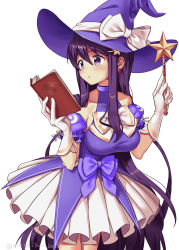 Rule 34 | 1girl, absurdres, alternate costume, bare shoulders, book, bow, breasts, commentary, cowboy shot, detached sleeves, doki doki literature club, dress, earrings, english commentary, gloves, hair between eyes, hair ornament, hairclip, hat, hat bow, highres, holding, holding book, holding wand, jewelry, large breasts, long hair, looking to the side, magical girl, open book, oregaihanboshi, puffy detached sleeves, puffy sleeves, purple eyes, purple hair, reading, sidelocks, simple background, solo, star (symbol), star hair ornament, twitter username, very long hair, wand, white background, white bow, white gloves, witch hat, yuri (doki doki literature club)