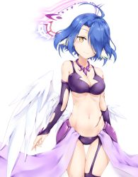 Rule 34 | 1girl, absurdres, ahoge, arm at side, arm tattoo, bikini, blue hair, blush, breasts, closed mouth, collarbone, cowboy shot, feathered wings, garter straps, hair over one eye, halo, head tilt, highres, ikasoke (likerm6au), light smile, looking at viewer, low wings, medium breasts, navel, no game no life, purple bikini, purple thighhighs, raphael (no game no life), scar, short hair, single thighhigh, solo, standing, swimsuit, tattoo, thigh gap, thighhighs, white background, white wings, wings, yellow eyes