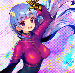 Rule 34 | 1girl, :d, blue hair, blush, bodysuit, breasts, commentary, cropped jacket, gloves, jacket, kula diamond, large breasts, long hair, long sleeves, looking at viewer, multicolored hair, onono imoko, open mouth, pink hair, red eyes, smile, solo, the king of fighters, upper body, zipper