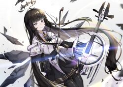 Rule 34 | 1girl, antenna hair, arknights, ascot, belt, belt buckle, belt pouch, black ascot, black belt, black eyes, black garter straps, black gloves, black hair, black halo, black pouch, black skirt, black sleeves, black thighhighs, black wings, blunt bangs, bow (music), breasts, bright pupils, broken halo, buckle, cello, closed mouth, collared jacket, colored inner hair, commentary, cowboy shot, dark halo, detached wings, dutch angle, energy wings, eyelashes, floating hair, from side, garter straps, glint, gloves, grey hair, grey shirt, halo, hands up, hime cut, holding, holding instrument, holding violin, instrument, jacket, layered sleeves, lens flare, long hair, long sleeves, looking at viewer, looking to the side, medium breasts, miniskirt, multicolored hair, pale skin, pleated skirt, pouch, rainbow (pixiv 66183854), shirt, short over long sleeves, short-sleeved jacket, short sleeves, sidelocks, simple background, skirt, smile, solo, standing, symbol-only commentary, thighhighs, two-tone hair, very long hair, violin, virtuosa (arknights), white background, white belt, white jacket, white pupils, wide sleeves, wing collar, wings