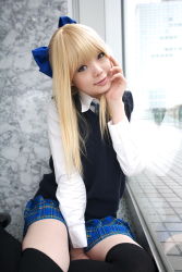 Rule 34 | 1girl, against glass, asian, black footwear, black thighhighs, blonde hair, blue eyes, blue ribbon, blurry, bow, breasts, character request, color contacts, cosplay, depth of field, dress shirt, hair bow, head tilt, highres, indoors, looking at viewer, miniskirt, namada, on floor, parted lips, photo (medium), pleated skirt, reflection, ribbon, rug, school uniform, shirt, sitting, skirt, small breasts, solo, sweater vest, thighhighs, white shirt, window, yokozuwari, zettai ryouiki