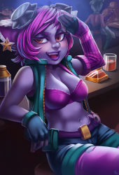 Rule 34 | 2boys, 2girls, absurdres, bar (place), battle bunny riven, belt pouch, blue gloves, bra, breasts, cleavage, colored skin, come hither, detached sleeves, drink, earrings, eyelashes, fingerless gloves, gloves, goggles, goggles on head, gragas, highres, jewelry, league of legends, lipstick, looking at viewer, makeup, medium breasts, midriff, multiple boys, multiple girls, navel, nose, open clothes, open vest, orange eyes, parsujera, pink bra, pink hair, pink legwear, pointy ears, pouch, purple lips, purple skin, riven (league of legends), salute, short hair, shorts, shortstack, single detached sleeve, solo focus, star (symbol), star earrings, teemo, torn clothes, torn legwear, tristana, underwear, vest, yordle