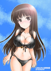 Rule 34 | 10s, 1girl, bikini, black bikini, blunt bangs, blush, breasts, closed mouth, cloud, cloudy sky, collarbone, commentary request, cowboy shot, dated, day, front-tie bikini top, front-tie top, girls und panzer, kuromori yako, large breasts, light frown, long hair, looking at viewer, mature female, nishizumi shiho, outdoors, sky, solo, standing, straight hair, swimsuit