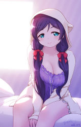 Rule 34 | 1girl, animal ears, animal hood, bed, between legs, blue eyes, blush, bow, breasts, closed mouth, collarbone, dress, hair bow, hand between legs, highres, hood, hood up, hooded jacket, jacket, langbazi, large breasts, long hair, long sleeves, love live!, love live! school idol festival, love live! school idol project, on bed, open clothes, open jacket, pillow, purple dress, purple hair, red bow, ribbon-trimmed dress, ribbon trim, signature, sitting, smile, solo, tojo nozomi, very long hair, white jacket