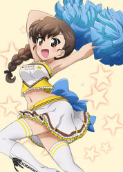 Rule 34 | 1girl, :d, alternate costume, armpits, arms up, bare shoulders, black ribbon, blue bow, boots, bow, braid, brown eyes, brown hair, cheerleader, clothes writing, coco&#039;s, commentary, cross-laced footwear, double horizontal stripe, frilled shirt, frilled skirt, frills, girls und panzer, hair ornament, hair ribbon, hairclip, holding, holding pom poms, kanau, lace-up boots, large bow, leaning forward, leg up, logo, long hair, looking at viewer, midriff, miniskirt, navel, open mouth, pom pom (cheerleading), pom poms, ribbon, rukuriri (girls und panzer), shirt, single braid, single horizontal stripe, skirt, smile, solo, standing, star (symbol), starry background, strapless, sweat, thighhighs, tube top, white footwear, white shirt, white skirt, white thighhighs, yellow background