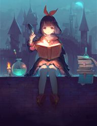 Rule 34 | + +, 1girl, absurdres, arm at side, black hair, book, book stack, boots, brick wall, candle, capelet, castle, cloud, collarbone, erlenmeyer flask, fire, flask, full body, full moon, glowing, hair ribbon, highres, holding, knees together feet apart, light particles, long sleeves, moon, night, open book, original, outdoors, parted lips, quill, red ribbon, ribbon, round-bottom flask, shell (wwwtrista), sitting, skirt, sky, solo, sparkle, star (symbol), wind, witch