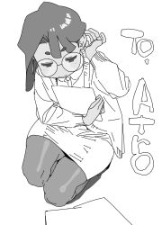 Rule 34 | 1girl, absurdres, adjusting hair, borrowed character, cardigan, closed mouth, commentary, english text, full body, glasses, greyscale, highres, holding, imamura ryou, legs together, long sleeves, looking down, medium hair, miniskirt, monochrome, office lady, on one knee, open cardigan, open clothes, original, pantyhose, pencil skirt, rory (whoopsatro), round eyewear, short eyebrows, simple background, skirt, solo, symbol-only commentary, thighs, white background