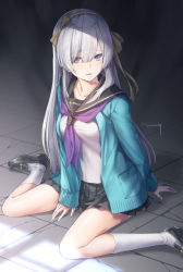 Rule 34 | 1girl, anastasia (fate), black footwear, black sailor collar, black skirt, blue cardigan, blue eyes, bow, breasts, cardigan, commentary request, crack, cracked floor, fate/grand order, fate (series), fingernails, hair between eyes, hair bow, hairband, kneehighs, loafers, long hair, long sleeves, looking at viewer, medium breasts, neckerchief, on floor, open cardigan, open clothes, parted lips, pleated skirt, purple neckerchief, sailor collar, school uniform, serafuku, shirt, shoes, silver hair, sitting, skirt, sleeves past wrists, socks, solo, twitter username, tyone, very long hair, wariza, white shirt, white socks