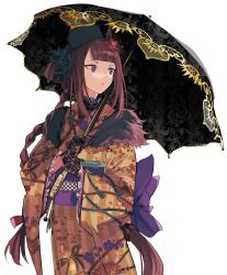 Rule 34 | 1girl, animal ears, black headwear, black umbrella, blunt bangs, braid, brown hair, commentary, gloves, highres, holding, holding umbrella, horse ears, horse girl, horse tail, japanese clothes, kimono, long hair, looking to the side, marumarukin, official alternate costume, purple eyes, purple sash, simple background, solo, sweep tosho (umamusume), sweep tosho (whimsical scenery) (umamusume), tail, umamusume, umbrella, white background, wide sleeves