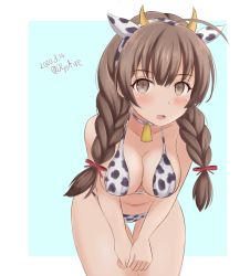 Rule 34 | 1girl, ame-san, animal ears, animal print, aqua background, bell, bikini, braid, breasts, brown eyes, brown hair, cleavage, commentary request, cow ears, cow horns, cow print, cow tail, cowbell, cowboy shot, dated, fake animal ears, fake horns, highres, horns, kantai collection, large breasts, long hair, looking at viewer, shinshuu maru (kancolle), solo, swimsuit, tail, thigh gap, twin braids, twitter username, two-tone background, white background, white bikini