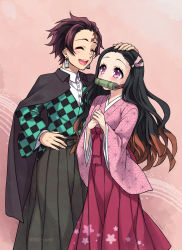 Rule 34 | 1boy, 1girl, artist name, bamboo, bit gag, black cape, black hair, blush, brother and sister, brown hair, cape, checkered clothes, checkered kimono, collared shirt, dress shirt, earrings, facing another, floral print, forehead, gag, grey hakama, hair ribbon, hakama, hakama skirt, hand on another&#039;s head, highres, japanese clothes, jewelry, kamado nezuko, kamado tanjirou, kimetsu no yaiba, kimono, long hair, long sleeves, looking at another, mono land, mouth hold, multicolored hair, own hands together, parted bangs, pink kimono, pink ribbon, print hakama, purple eyes, red hakama, ribbon, shirt, siblings, signature, skirt, teeth, two-tone hair, upper teeth only, very long hair, white shirt, wide sleeves