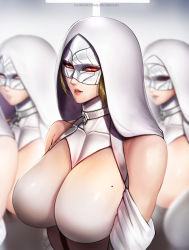 Rule 34 | 5girls, badcompzero, bare shoulders, blonde hair, breasts, choker, collarbone, highres, hood, hood up, mask, mole, mole on breast, multiple girls, nun, original, parted lips, red eyes, red lips, signature, turtleneck, upper body, white choker, white theme