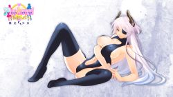 Rule 34 | 1girl, 3ping lovers!, 3ping lovers! ippu nisai no sekai e youkoso, armpits, bare shoulders, black footwear, black thighhighs, blue eyes, bodysuit, boots, breast hold, breasts, center opening, character request, cleavage, company name, copyright name, covered erect nipples, demon horns, eyepatch, footprints, from side, garter straps, gradient hair, hair between eyes, halftone, heart, highres, horns, knee up, large breasts, leotard, lips, logo, long hair, looking at viewer, lying, magic circle, multicolored hair, navel, oku (hadashi shoujo), own hands together, reclining, sideboob, silhouette, silver hair, solo, spread legs, star (symbol), thigh boots, thighhighs, very long hair, wallpaper