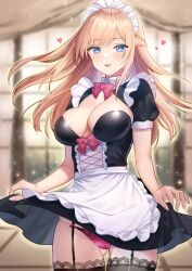 Rule 34 | 1girl, apron, artist name, black garter straps, black thighhighs, blonde hair, blue eyes, blurry, blurry background, blush, bow, bowtie, boyon (oooboyon5), breasts, cameltoe, cleavage, cleavage cutout, cleft of venus, clothes lift, clothing cutout, collared dress, commentary request, cowboy shot, dated, dress, dress lift, frills, garter straps, heart, highres, indoors, lace, lace-trimmed thighhighs, large breasts, lifted by self, looking at viewer, maid, maid apron, maid headdress, original, panties, pink bow, pink bowtie, pink panties, puffy short sleeves, puffy sleeves, short sleeves, smile, solo, teeth, thighhighs, underwear, upper teeth only, waist apron, white apron