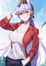 Rule 34 | 1girl, :/, absurdres, animal ears, arm up, backlighting, blue bow, blunt bangs, blurry, blurry background, blush, bow, bracelet, breasts, casual, cleavage, closed mouth, collarbone, commentary request, cowboy shot, day, depth of field, ear covers, gold ship (umamusume), hair bow, hamuo, hand in pocket, hand up, hat, highres, horse ears, horse girl, horse tail, jacket, jewelry, large breasts, long hair, long sleeves, looking afar, open clothes, open jacket, outdoors, pants, purple eyes, red jacket, silver hair, sky, solo, sun, tail, umamusume, very long hair, wing collar