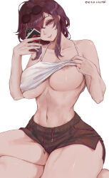 Rule 34 | areola slip, artist name, beta hime, breasts, breasts apart, brown shorts, camisole, camisole lift, closed mouth, clothes lift, collarbone, commentary, english commentary, eyewear on head, hair over one eye, highres, holding, holding phone, honkai: star rail, honkai (series), kafka (honkai: star rail), large breasts, lifted by self, medium hair, navel, phone, purple eyes, purple hair, round eyewear, selfie, short shorts, shorts, sitting, smile, teasing, thighs, white background, white camisole