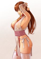 Rule 34 | 1girl, armpits, breasts, brown hair, cleavage, dead or alive, hair ornament, kasumi (doa), large breasts, mouth hold, ninja, no bra, no panties, pelvic curtain, red eyes, revealing clothes, see-through, sideboob, simple background, solo, tecmo, thighhighs, tkln, vambraces, white background, white thighhighs